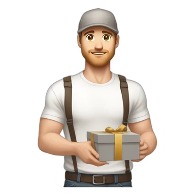 Pale skinned fit Man with dark brown hair in a light gray cap, dark brown jeans, brown polo and white T-shirt keeping a pasted with tape white box into his hands sticker