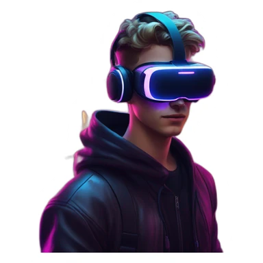 Russian young man wearing a black hoodie with "OMG" letters on it and VR headset in a cyberpunk VR environment with violet neon lighting. sticker
