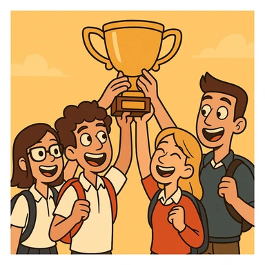 four students in a warm atmosphere lifting a trophy, modern cartoon style, bright background sticker