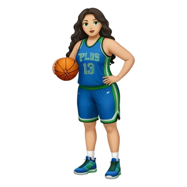 Full Body light skin Latino plus size full figured women basketball player with long wavy dark hair  wearing blue and green uniform sticker
