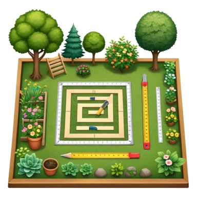 Icon for Landscape Design: a garden layout with plants, trees, paths, and design tools like a ruler, pencil and measuring tape. The icon should represent creativity in outdoor space planning and gardening. Transparent background. sticker
