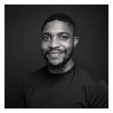 A professional portrait of me in monochrome. Plain black crew neck shirt. Tailored to LinkedIn. Tech boy vibe (programmer). I’m a black man from Nigeria. Retain facial features from attached image. sticker