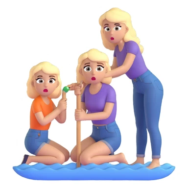 blond woman sitting on her knees with wide eyes, another man in jeans is staying (not sitting) on her left, she's holding a wide skin-colored stick with a D-shaped knob, the stick and the nob have skin texture, water squirting from the knob into her mouth, shocked face sticker