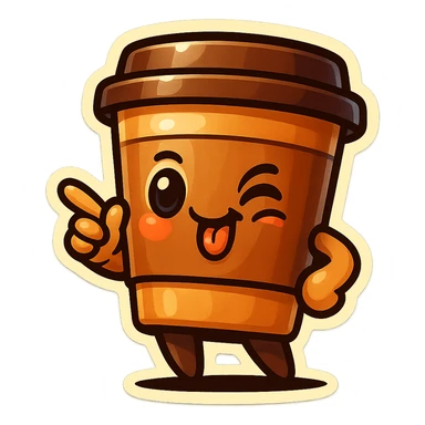 Tall coffee cup, pointing, winking, clinking tongue, cocky sticker