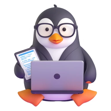 penguin programmer with laptop and code sticker