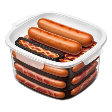 Sausages, black pudding, white pudding, and bacon in sealed container  sticker