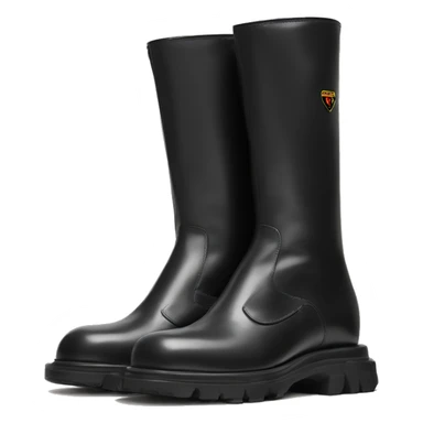 black prada monolith leather re-nylon boots with a squared pouch with the prada logo sticker