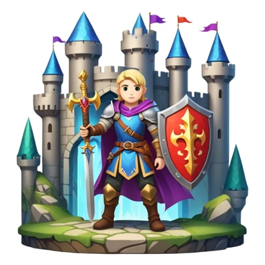 An icon symbolizing a RPG game, featuring a character holding a sword and shield, standing in front of a fantasy world with castles, dungeons and mythical creatures. The design emphasizes exploration, quests with elements like health bars and inventory icons. Transparent background sticker