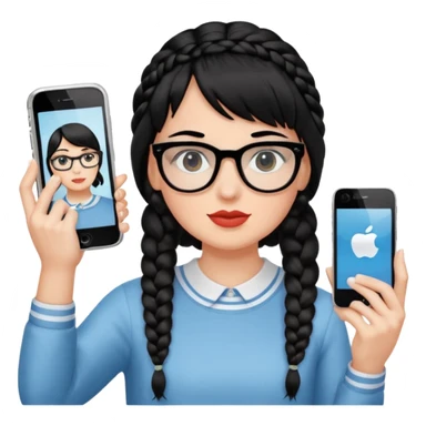 Black hair braided to one side, bangs, horn-rimmed glasses, and taking mirror selfies with iPhone white. Holding a phone to show the iPhone logo sticker