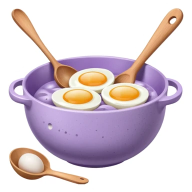 a lilac ceramic mixing bowl with a wooden spoon stirring and sitting next to it is a few eggs sticker