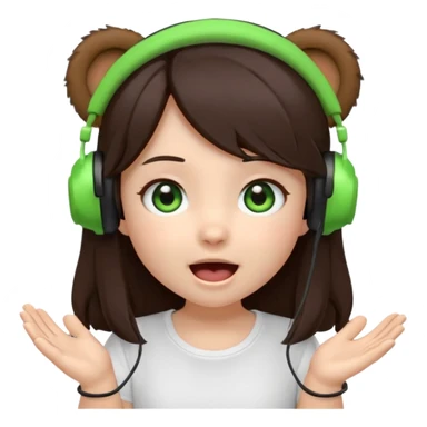 Animated emoji, Chibi girl, long dark brown hair, green eyes, wearing a white shirt and small brown bear ears on a black headset, with wide happy surprised eyes and mouth and clapping excitedly sticker