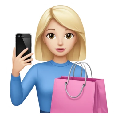 Blond influencer taking selfie with an iphone with one hand and a pink shopping bag next to her  sticker