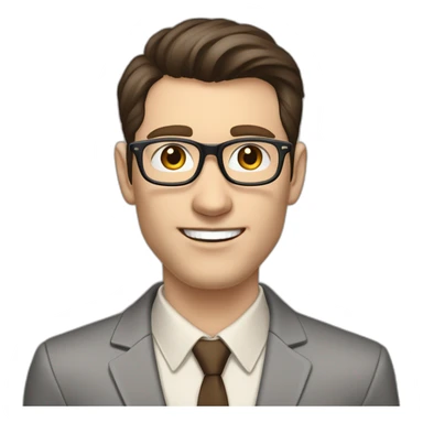 Pale skinned fit man with dark brown hair in gray jacket, beige office shirt, brown tie, brown pants and vintage glasses Writing text on a marker board sticker