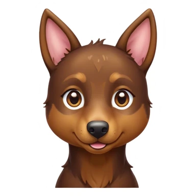 Cinematic Cute Brown and Tan Kelpie Portrait Emoji, Head tilted playfully and inquisitively, featuring a glossy brown Fur with vibrant tan accents, round, sparkling warm eyes filled with curiosity, Simplified yet irresistibly adorable features, highly detailed, glowing with a warm, friendly glow, high shine, affectionate and spirited, stylized with a touch of whimsy, bright and endearing, soft glowing outline, capturing the essence of a mischievous yet loving herder, so playful it feels like it could leap out of the screen and into your arms! sticker