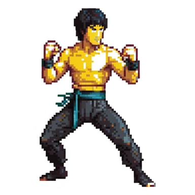 Bruce Lee in iconic fighting pose, martial arts legend sticker