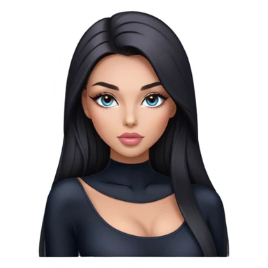 Glamours, tanned, very beautiful girl, with big pump peach-beige-rose lips, long long lashes, black straight smooth silky long hair, straight parting hair, blue-grey eyes in black long-sleeves bodysuit sticker