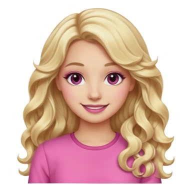 blonde girl, long wavy hair, pink clothes, trendy heavy makeup, smiling sticker