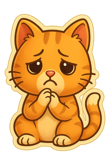 Bring the cat's paws up so they are touching each other just below the chin. Make the face look even sadder, with more expressive disappointment. Keep the style and transparent background. sticker