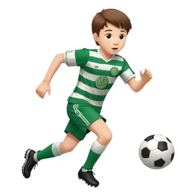 Celtic footballer jersey logo  6 years old brown hair white boy , stripes uniform , RUNNING  with soccer ball # 17 celtic football logo PUT ONLY ONE LOGO sticker