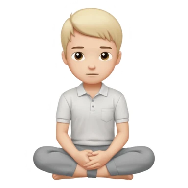 Cartoon boy sitting cross-legged, his fist pressed to his cheek, wearing a white polo and gray pants. He has a smug smirk, eyes looking forward. Clean lines, flat colors, solid black background, vector art, character sheet style. sticker