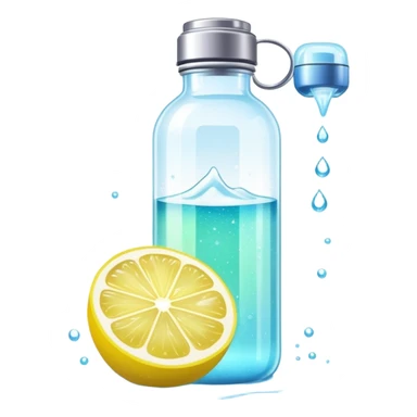 Ethereal glowing water bottle with floating lemon slice and sparkling creatine powder, surrounded by magical aura sticker