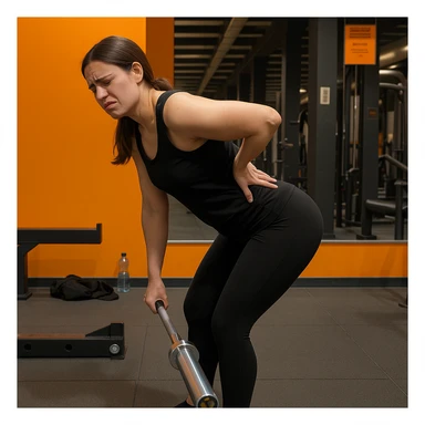Edit the image of a less muscular woman performing a Romanian Deadlift (RDL) in a gym, side pose, wearing black sportswear, holding a barbell, with a back pain expression, one hand on the lower back, hyperrealistic 4K details, realistic gym environment. Variant 5: slightly change the position of the head. sticker