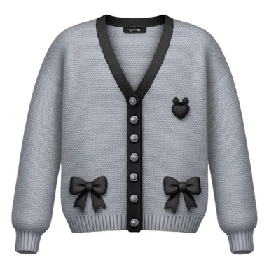 gray cardigan with tiny black bows all over front and sleeves, realistic 3d isolated sticker