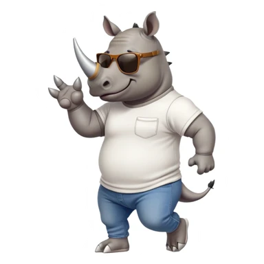 friendly anthropomorphised rhino in jeans and t-shirt, wearing dark sunglasses, jogging upright, relaxed pose sticker