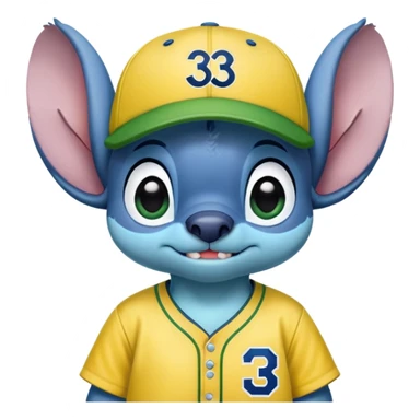 Stitch with a yellow and green baseball jersey with 33 royal greys and a cap sticker
