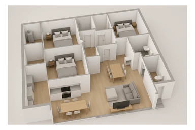 Create a hyperrealistic 3D floor plan based on the provided blueprint. Include furniture and divisions as indicated: kitchen, dining table, living area with sofa and TV, service bathroom, and a 2.55-meter glass window in the marked position. Style it as a professional architect's project render. Show 10 different perspective views of the 3D floor plan. No external background, only the 3D floor plan itself. sticker