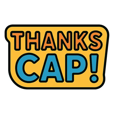 the phrase 'Thanks Cap!' in a vibrant, modern icon style, with clean lines and a cheerful color palette sticker