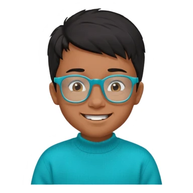Chico de 7 años, pelo negro y repeinado pero con volumen hacia arriba, piel marrón, gafas cuadradas azules, sonriente y sin 1 diente, jersey verde turquesa y ojos muy rasgados, Y NADA redondeados, NO REDONDOOOOOOOOOOO ESO 0 sticker