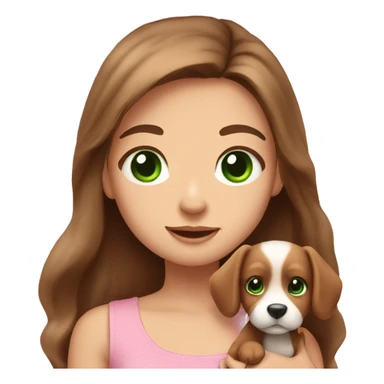 Pretty girl with long brown hair with green eyes holding a very cute puppy show her whole upper body and let her wear a cute pink top sticker