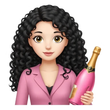 girl with long black curly hair and grey eyes with bottle of pink champagne sticker