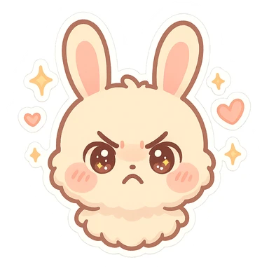 kawaii chibi-style bunny emoji with a round fluffy face, sparkly eyes, blushing cheeks, pastel color palette, angry mood, soft rounded design, anime-style, sparkles and hearts, vector art sticker