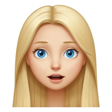 A girl that has long blond hair, straight. Blue eyes. And she does like a silly face  sticker