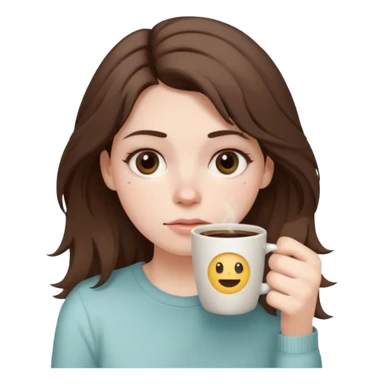 tired woman with dark circles under eyes holding a coffee cup, messy hair, soft pastel emoji style, calm neutral background sticker