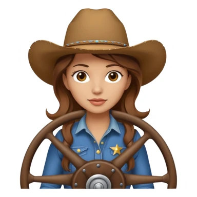 ["Light-skinned cowgirl, brown hair, wearing a cowboy hat, holding the wheel."] sticker
