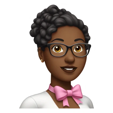 Black curvy woman with curl hir and a white  halter top, clear glasses, pink bow sticker