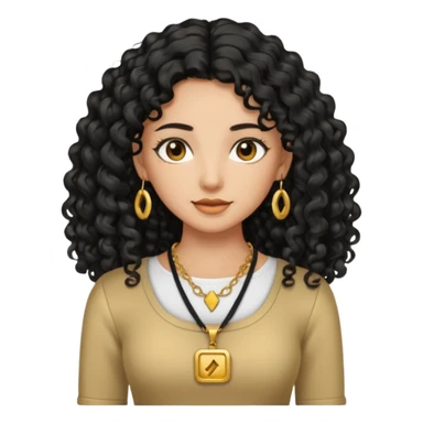 A tan girl with long black  curly hair, a gold necklace, and a square neckline shirt sticker