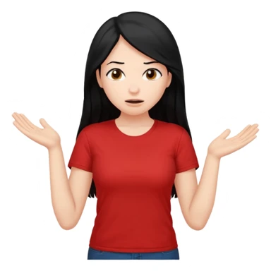 빨간색 티셔츠를 입고 긴 검정머리를 가진 여성이 모르겠다는 듯이 어깨를 올리고 고개를 살짝 왼쪽으로 틀고 왜?라는 제스처를 하고있음 🤷🏻‍♀️ sticker