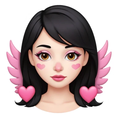 “Emoji girl, pastel pink streaks in black hair hair, bold winged eyeliner, heavy blush on cheeks and nose bridge, under-eye hearts, glossy pink lips, playful smirk.” sticker