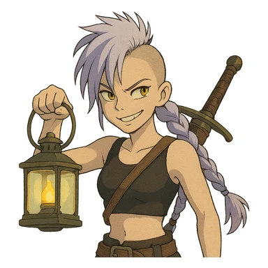 A sword maiden, mohawk, long braid white hair with lavender and tips long messy bangs one side, gold yellow eyes, black crop top, brandishing a lantern. Mischievous smirk sticker