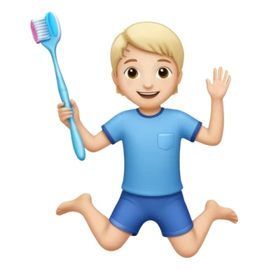 Creat an emoji for kid jumping and holding toothbrush sticker