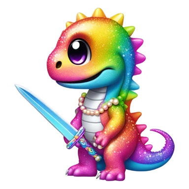 Lisa frank glitter rainbow cute dinosaur with sword and pearls sticker