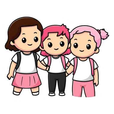 a black girl with dark brown hair next to a white girl with pink hair and a white girl with brown hair sticker