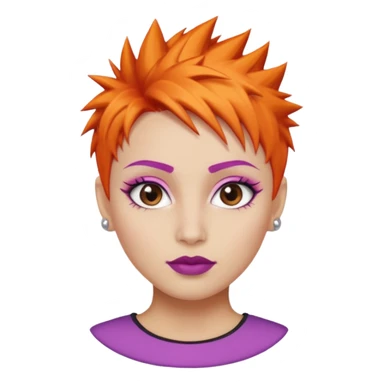 A person emoji with light skin, short spiky orange hair swept to one side, matching pink eyebrows, brown eyes, an oval-shaped face, a small nose, and dark lipstick. sticker