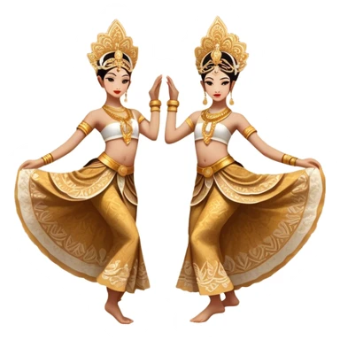 ​Cinematic Realistic Traditional Javanese Dancers, depicted as two graceful dancers in ornate traditional costumes with intricate batik patterns and elaborate headpieces, captured in dynamic poses during a ritual dance in an ancient temple courtyard, rendered with soft golden lighting and rich cultural textures, sticker