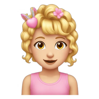 Niña rubia con pelo rizado y dos coletas con lazos, nariz redondita y ojos marrones. Camiseta rosa de unicornio sticker