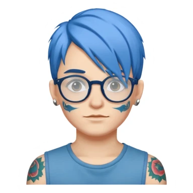 person with blue hair, glasses, visible tattoo sticker